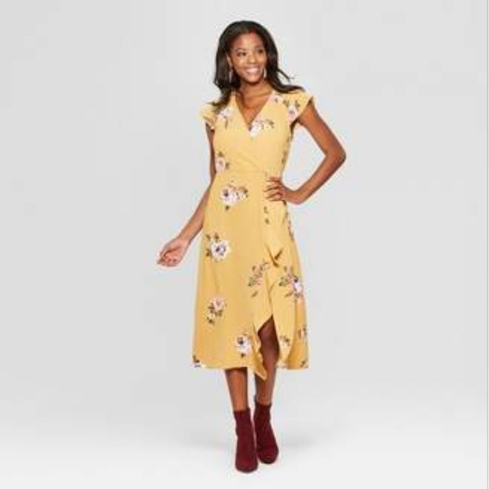 Xhilaration Yellow Floral Polka Dot Ruffle Maxi Dress, Size M